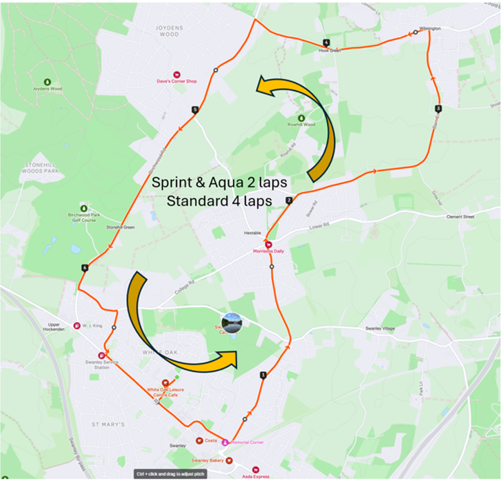 Map of the bike route: an anticlockwise loop from White Oak Leisure Centre through Swanley, Hextable, Wilmington and Hook Green, returning past Birchwood Park. Sprint and Aqua Bike ride two laps, Standard rides four.